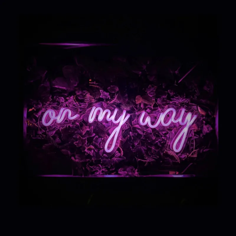On My Way cover art, a neon sign over purple leaves