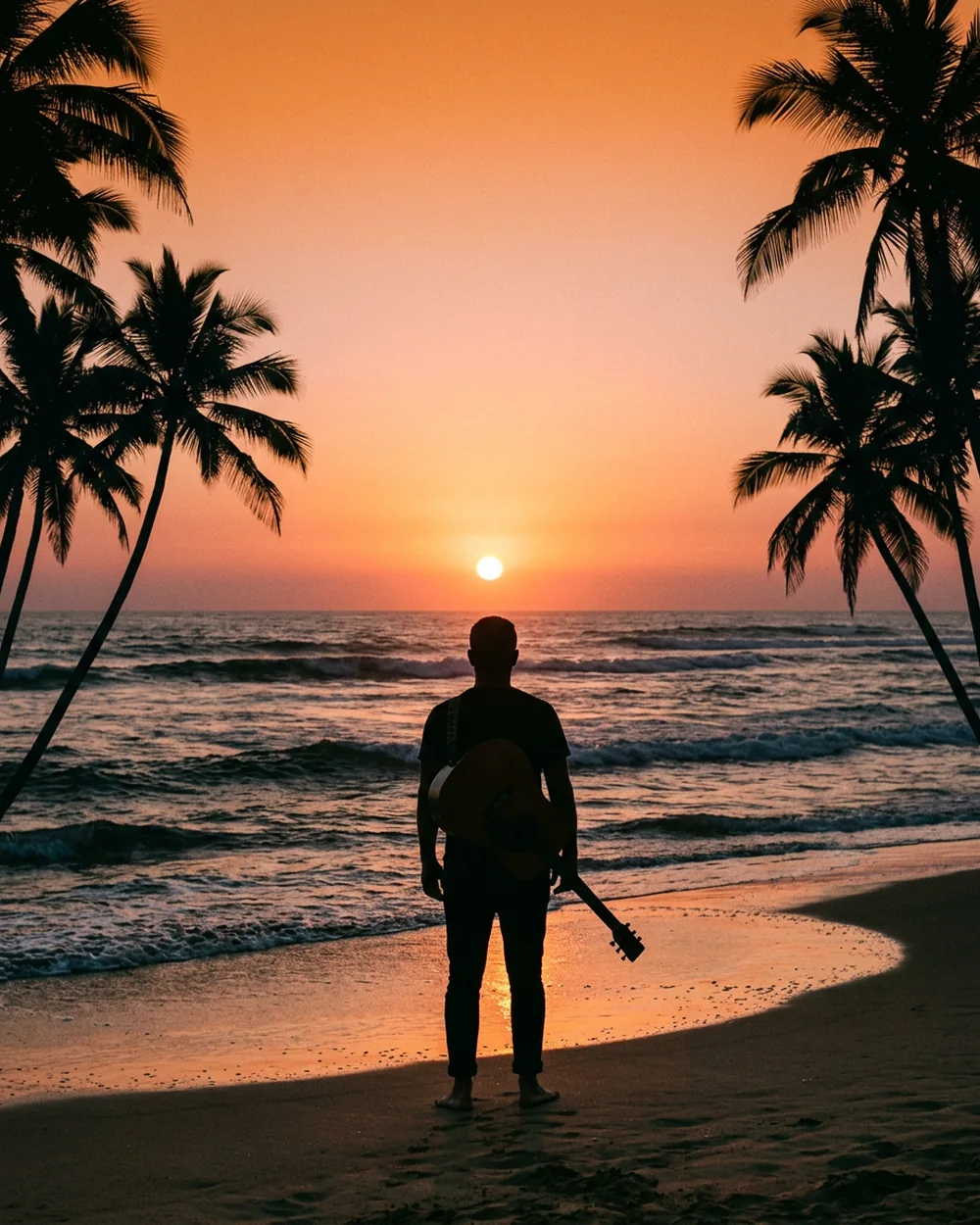 A silhouette with a guitar against the setting sun
